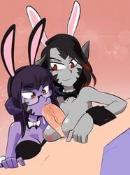 1boy 2girls alyx_quintessence anthro au_ra blowjob bunny_girl bunnysuit fellatio female final_fantasy final_fantasy_xiv glasses grey_skin horns joshin oral paizuri penis purple_skin tagme titjob xaela