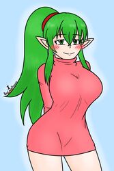 bare_legs bare_thighs big_breasts blush curvaceous curvy fire_emblem fire_emblem_awakening green_eyes green_hair happy hips huge_breasts large_breasts long_hair nintendo petelewddigger pointy_ears ponytail smile sweater thighs tight_clothing tiki_(adult)_(fire_emblem) tiki_(fire_emblem) voluptuous