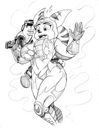 alien_girl angela_cross anthro arched_back belt big_breasts black_and_white boots bouncing_breasts breasts clothing curvaceous curvy curvy_figure dissolving_clothes feline feline_humanoid female female_only fur furry gloves gun hips jumpsuit melting_clothes midriff monochrome navel omegasunburst ponytail ratchet_and_clank skimpy solo solo_female solo_focus stripes surprised thick thick_thighs thighs voluptuous weapon wide_hips