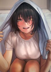 amagi_yui blush brown_hair heterochromia kilye_4421 looking_at_viewer short_hair smile under_blanket