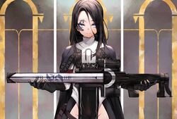 ada-1 black_hair blue_eyes bottomless cape chickenvomit destiny_(game) face_markings face_tattoo female gun humanized long_hair looking_at_viewer pelvic_curtain rifle solo solo_focus weapon