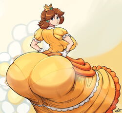 1girls alternate_ass_size alternate_breast_size ass ass_in_dress ass_jiggle big_ass big_breasts big_butt bimbo blue_eyes bottom_heavy breast_jiggle breasts brown_hair bubble_ass bubble_butt butt clothed clothed_female clothing curvy dress enormous_ass female female_only female_solo flower giant_ass gigantic_ass huge_ass huge_butt hyper hyper_ass hyper_bimbo large_ass large_breasts large_butt looking_back lucy_fuchs mario_(series) massive_ass motion_lines nintendo orange_dress pantylines princess princess_daisy seductive short_hair simple_background smelly_ass solo solo_female standing thick thick_ass thick_thighs thin_waist tight_clothing wide_hips