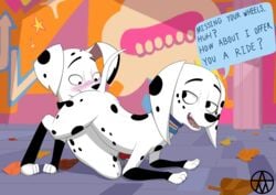 101_dalmatian_street 101_dalmatians 2019 absurd_res amputee animal_genitalia animal_penis ass balls blush brother canid canine canine_penis canis dalmatian delgado_(101_dalmatians) dialogue disability disney dolly_(101_dalmatians) domestic_dog duo english_text fangs female feral feral_on_feral frommarstomercury genitals hi_res incest leaf looking_back male male_focus mammal open_mouth penis semi_incest sibling sister speech_bubble teasing text tongue