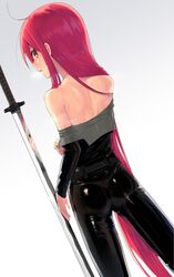 ass female hair_flowing_over highres latex latex_bodysuit long_hair looking_at_viewer looking_back no_bra ohlia pulled_by_self red_eyes red_hair shakugan_no_shana shana shiny shiny_clothes solo sweat undressing very_long_hair