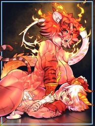 animal_ears cheunchin cum demon_boy demon_girl fire flame huge_breasts larger_female muscular_female scar sex size_difference