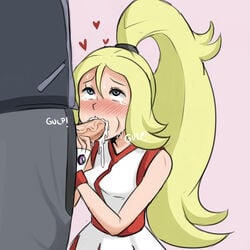 1:1 1boy 1girls blonde_hair blowjob blush clothed_female clothes cum cum_in_mouth erection fellatio game_freak human korrina_(pokemon) nintendo oral_creampie oral_sex penis pink_background pokemon pokemon_xy reach025 sex