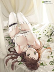 1girls bangs bed bed_sheet bouquet braid branch breasts bridal_veil brown_hair choker clavicle cleavage crossed_arms crown_braid curtains dress elbow_gloves female female_only female_solo flower girls'_frontline gloves green_eyes groin hair_flower hair_ornament knees_up large_breasts lee-enfield_(girls_frontline) leotard letdie1414 lingerie long_hair looking_at_viewer lying on_back on_bed open_mouth patreon patreon_username petals rose sidelocks skindentation solo strap tassel teeth thigh_strap thighhighs thighs tied_hair underwear veil wedding_dress white_flower white_gloves white_legwear white_leotard white_rose