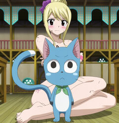 1girls black_tattoo canonical_scene fairy_tail fairy_tail_mark feline happy_(fairy_tail) lucy_heartfilia nude_female pink_tattoo screencap tagme tattoo tattoo_on_breast tattoo_on_hand tattooed_breast tattooed_hand