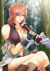 blush breasts cleavage eclair_farron erect_nipples female female_only final_fantasy final_fantasy_xiii gloves human raito sitting solo sword weapon