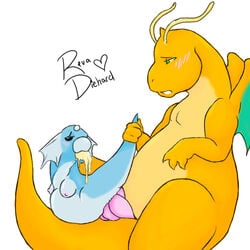 1boy 1girls anthro bottomless breasts buggery color cum cum_in_mouth cum_through dragonite dratini exposed_breasts female furry horn inflation interspecies male nintendo nudity pokemon pokemon_(species) revadiehard size_difference straight tail toony topless white_background wings