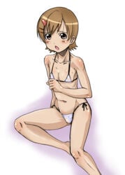 1boy brown_eyes brown_hair bulge crossdressing hair_ornament hairclip hirokawa_hiroshi hirokawa_kouichirou mako-chan_(minami-ke) makoto_(minami-ke) male male_only minami-ke side-tie_bikini solo solo_male string_bikini swimsuit trap