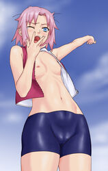 bike_shorts blue_eyes cameltoe female female_only flat_chest human latex messy_hair naruto naruto_shippuden nipples okiyumi okiyumi_kase open_clothes open_shirt pink_hair sakura_haruno shirt short_hair sleepy solo stretch vest yawn yawning