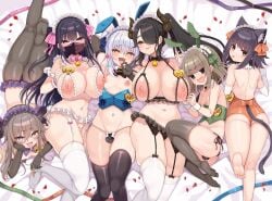 animal_ears arato_asato bangs beat_mario_(vtuber) bell black_hair black_thighhighs blue_hair breasts brown_hair covered_penis covered_testicles cross fake_animal_ears glasses green_eyes hijirime_laeria horns indie_virtual_youtuber inuyama_tamaki itou_life_(vtuber) kanikama_(character) large_breasts leotard liloshi_(vtuber) looking_at_viewer lying mask mouth_mask navel neck_bell nipples noripro on_back on_stomach open_mouth orange_leotard otoko_no_ko petals ponytail purple_eyes rabbit_ears skindentation succubus thighhighs tongue tongue_out virtual_youtuber white_thighhighs yellow_eyes