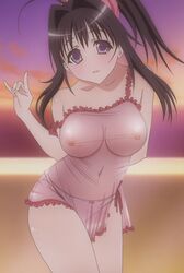 \\n/ ahoge black_hair bow bow_panties breasts cap frills kanokon large_breasts lingerie long_hair minamoto_chizuru negligee nipples no_nose panties pointy_chin ponytail purple_eyes screencap see-through smile stitched strap_slip takami_akio tied_hair underwear