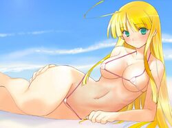 1girls ahoge bikini blonde_hair blush breasts cleavage green_eyes highres huge_ahoge large_breasts long_hair looking_at_viewer lying micro_bikini navel on_side orion_(orionproject) pointy_chin rance5d rance_(series) rizna_lanfebit sidelocks solo swimsuit white_bikini