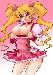 1girls blonde_hair breasts choker clothing cure_peach dress drill_hair earrings fresh_precure! fresh_pretty_cure fresh_pretty_cure! jewelry long_hair magical_girl masakichi_(heppouku) medium_breasts momozono_love nipples pink_eyes precure pretty_cure pussy ribbon smile solo tied_hair twintails uncensored