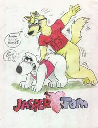 abs anal anthro bottomless canine eye_contact family_guy fur furry furry_only gay glasses jasper_(family_guy) looking_at_another male male_only piercing tbfm traditional_media_(artwork)