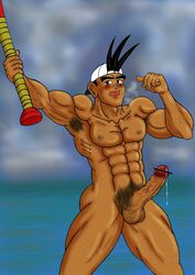 1boy abs armpit_hair armpits beach biceps blush capcom censored cum erect_nipples justice_gakuen kuinti_issa male male_only muscles muscular muscular_armpits muscular_male nipples open_mouth pecs pubic_hair rival_schools serratus_anterior shoma_sawamura solo testicles video_games wet