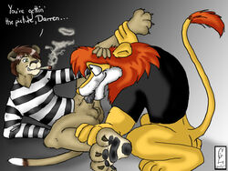 2boys anthro bottomless canislupusvulgaris d.a.r.e. daren fellatio gay lion male male_only mascot penis side_view yaoi