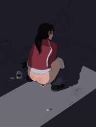 1girls black_hair female left_4_dead looking_back pants_down partially_clothed pills ponytail solid_eyes solo solo_female solo_focus squatting suppository tagme zoey_(left_4_dead)