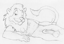 anthro bottomless d.a.r.e. daren front_view furry lion lying male male_only mascot monochrome on_side penis solo