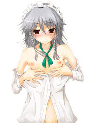 blush bottomless braid breasts dress_shirt flat_chest grey_hair kuku_px naked_shirt nipples no_bra red_eyes sakuya_izayoi shirt silver_hair the_embodiment_of_scarlet_devil touhou twin_braids