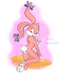 2004 a.g.i. anthro ass babs_bunny barefoot bow female female_only fur furry furry_ass furry_ears furry_tail long_ears looking_aside looking_at_viewer mammal nude pink_fur rabbit side_view solo tagme tail tiny_toon_adventures uncensored white_fur