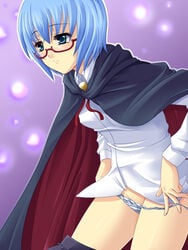 blue_hair blush cape clothing glasses hayami_kyuuen panties panty_pull short_hair tabitha underwear undressing zero_no_tsukaima