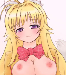 blonde_hair breasts kanokon large_breasts minamoto_chizuru nipples purple_eyes school_uniform serafuku yuuichi_(tareme_paradise)