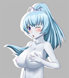 1girls aoi_(gegege_no_kitarou) blue_eyes blue_hair blue_skin blush breast_grab breasts female gegege_no_kitarou hair_ribbon huge_breasts humanoid large_breasts long_hair nipples nude open_mouth pale_skin ponytail ribbon sugamo tied_hair wink yokai yuki_onna