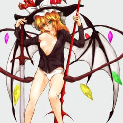 bat_wings blonde_hair breasts female flandre_scarlet fusion green_eyes hat human kuku_px laevatein marisa_kirisame nipple_slip nipples no_bra open_clothes open_shirt panties reimu_hakurei remilia_scarlet shirt solo spear_the_gungnir sword touhou underwear weapon white_panties wings witch_hat