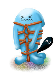 ambiguous_gender blue_body blue_skin bondage digital_media_(artwork) frown no_genitals no_humans pokemon rope rope_bondage rope_harness sfw shibari solo_focus suggestive tail unknown_artist white_background wobbuffet