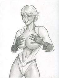 1girls 2007 dc dc_comics female female_only fred_sadek kara_zor-l karen_starr monochrome power_girl solo tagme