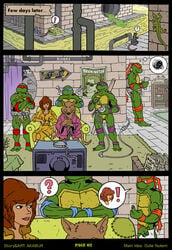 1girls 2009 5boys akabur april_o'neil april_o'neil_(tmnt_1987) arnold_schwarzenegger belt brothers comic donatello electronics female footwear hamato_yoshi hamato_yoshi_(tmnt_1987) human leonardo male male_focus master_splinter master_splinter_(tmnt_1987) michelangelo movie_poster multiple_boys mutant outerwear page_2 pale_skin poster raphael rat t-800 teenage_mutant_ninja_turtles terminator tmnt_1987 wristwear