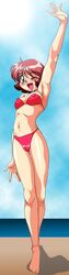 1990s 1997 1girls 20th_century bikini breasts brown_hair eyeball_(artist) female fraw_bow gundam human light-skinned_female light_skin looking_at_viewer mobile_suit_gundam short_hair solo standing wink