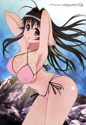 about_to_burst beaded_bikini bikini bikini_bottom bikini_bulge bikini_strings bikini_top black_hair clothed clothes_at_their_limit covered_breasts female hanging_breasts huge_ass huge_butt kanokon large_breasts long_hair minamoto_chizuru purple_eyes solo standing tagme tight_bikini tight_clothing tight_fit