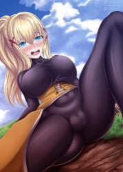 absurdres blonde_hair blue_eyes blush bodystocking bodysuit breasts cameltoe cleft_of_venus danndy darkness_(konosuba) female hair_ornament highres kono_subarashii_sekai_ni_shukufuku_wo! large_breasts long_hair open_mouth ponytail skin_tight sky smile solo spread_legs thighs x_hair_ornament