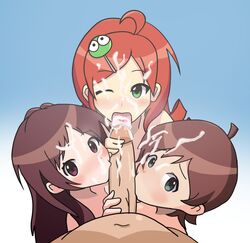 ahoge andou_ringo brown_hair collaborative_fellatio cum cum_in_hair cum_on_face fellatio hairclip idolmaster kinoshita_hinata one_eye_closed puyo_puyo puyo_puyo_7 red_hair tsujino_akari twin_drills twintails winking