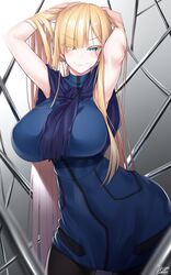 1girls alternate_breast_size armpits arms_up big_breasts blonde_hair blue_eyes breasts curvy dress fate/grand_order fate_(series) hand_in_hair huge_breasts large_breasts long_hair looking_at_viewer lord_el-melloi_ii_case_files pale-skinned_female pale_skin reines_el-melloi_archisorte sima_yi sleeveless_dress smile solo watosu_(watosu_mama)