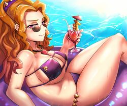 1girls adagio_dazzle ai_generated bikini breasts cleavage equestria_girls eyepatch_bikini female floating friendship_is_magic hairband holding_glass iojknmiojknm jewelry large_breasts looking_at_viewer my_little_pony necklace orange_hair pool_toy purple_bikini purple_eyes sitting stable_diffusion sweat sweaty thick_thighs thighs voluptuous