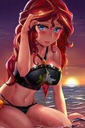 1girls aqua_eyes beach bikini black_swimsuit blonde_hair cleavage cutie_mark equestria_girls female friendship_is_magic huge_breasts iojknmiojknm kneeling long_hair looking_at_viewer multicolored_hair my_little_pony ocean red_hair seaside sunset sunset_shimmer tight_swimsuit voluptuous wet