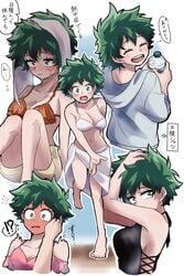 !? 1boy 1girls alternate_costume big_breasts bikini blush caress closed_eyes clothed clothing female_deku female_focus freckles genderswap genderswap_(mtf) green_eyes green_hair hand_on_face izuku_midoriya looking_at_viewer my_hero_academia offscreen_character open_mouth rule_63 smile solo_focus swimwear teeth tongue translation_request