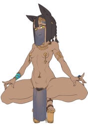 1futa breasts cat_ears catgirl combat_s-ko dark_skin egyptian femboy flaccid futanari high_heels pelvic_curtain penis simple_background small_breasts spread_legs squatting veil white_background