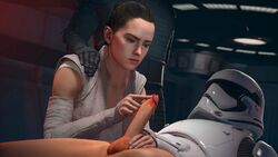 1girls 2boys artemis-sfm clothed_female fingers handjob laying_down precum rey star_wars stormtrooper