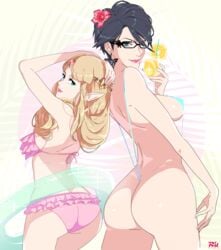 2girls arms_up artist_name artist_signature ass back back_view bayonetta bayonetta_(character) bayonetta_2 big_ass bikini black_hair blonde_hair blue_eyes breasts bubble_butt closed_mouth ear_piercing earrings elf_ears eyebrows eyelashes feet_out_of_frame female female_only flower_in_hair frilled_bikini glasses hair_between_eyes hair_ornament hand_on_head hand_on_thigh holding_glass holding_object hourglass_figure light-skinned_female light_skin long_hair looking_at_viewer looking_back medium_breasts nintendo open_mouth pink_lipstick pointy_ears pool_toy princess_zelda r3dfive shiny shiny_skin short_hair sideboob simple_background sling_bikini small_breasts standing super_smash_bros. the_legend_of_zelda zelda_(a_link_between_worlds)