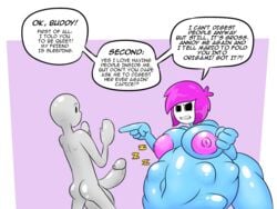 1boy 2girls angry annoyed anon ass big_penis blue_skin breasts english_text erection female huge_belly huge_breasts looking_at_another male mario_(series) mr.casino nintendo nipples nude penis purple_hair shy_gal simple_background speech_bubble standing stomach_bulge testicles text vore