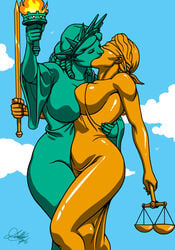 2girls asymmetrical_breast_frottage asymmetrical_docking balance_scale big_breasts blindfold carrying closed_eyes fire kaywest kissing lady_justice lady_liberty metal metallic_body multiple_girls personification public_domain sky statue statue_of_justice statue_of_liberty sword yuri