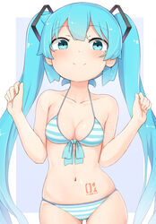 1girls abmayo bikini blue_and_white blue_eyes blue_hair breasts cleavage cute female female_only hatsune_miku looking_at_viewer small_breasts solo striped_bikini twintails vocaloid white_and_blue