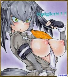 1girls breasts breasts_out busty collared_shirt fingerless_gloves grey_hair kemono_friends large_breasts nipples portrait pose presenting_breasts sannen_netarou shoebill_(kemono_friends) solo upper_body