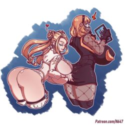 2girls alternate_breast_size artist_name ass ass_grab ass_squeeze bent_over big_ass big_breasts blonde_hair breast_press breast_squish breasts breasts_bigger_than_head bursting_breasts color fishnet_stockings fishnets grabbing_ass groping groping_ass heart huge_ass huge_breasts multiple_girls n647 nier:_automata nipple_bulge nipples_visible_through_clothing operator_6o smirk squeezing squeezing_butt surprised thick_thighs thin_waist voluptuous wide_hips yorha_commander yuri